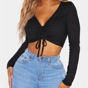 PrettyLittleThing Shape Black Ribbed Long Sleeve Ruched Front Crop